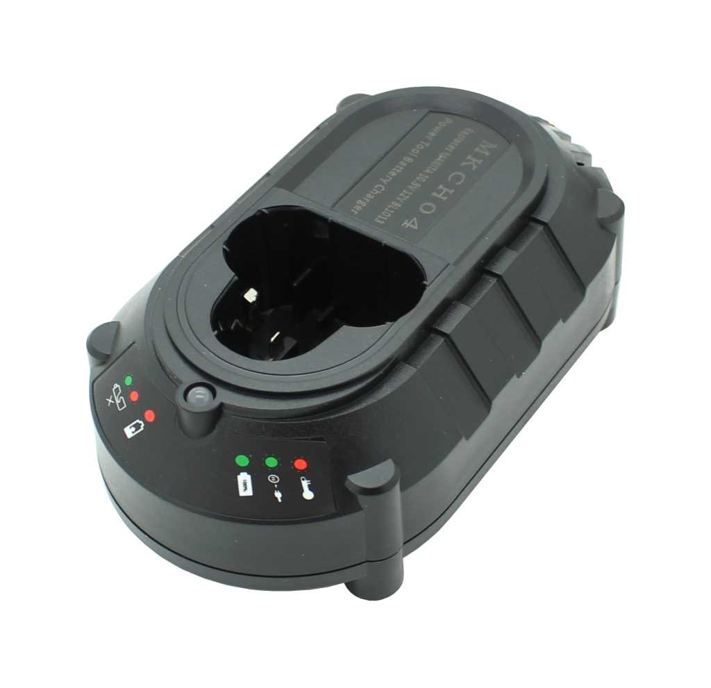 Schwarzes Akku-Ladegerät mit zentraler Steckaufnahme und Status-LEDs auf weißem Hintergrund