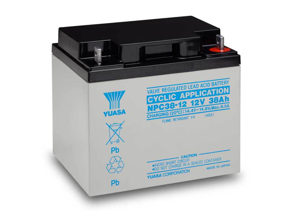 Grauer Akku mit schwarzem Deckel, zwei Metallanschlüssen und blauem Aufdruck auf der Vorderseite, Pluspol rot markiert