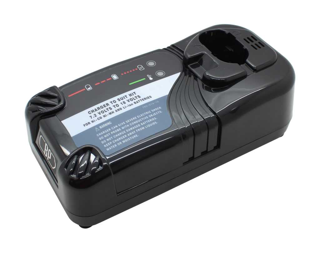 Schwarzes Akku-Ladegerät mit Batteriefach oben und LED-Anzeige auf der Oberseite auf weißem Hintergrund