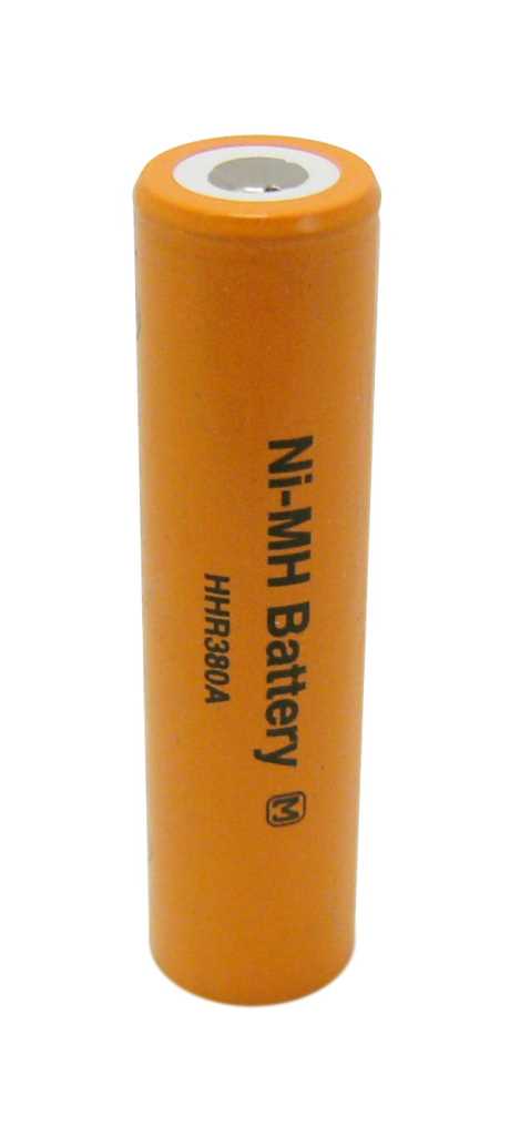 Orangefarbene zylindrische Batterie mit sichtbarem Pluspol und Aufdruck Ni-MH Battery HHR380A