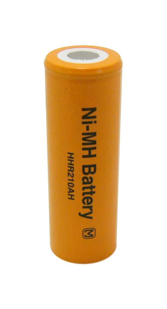 Orangefarbener zylindrischer Akku mit flachem Pluspol oben und schwarzer vertikaler Beschriftung auf der Hülle