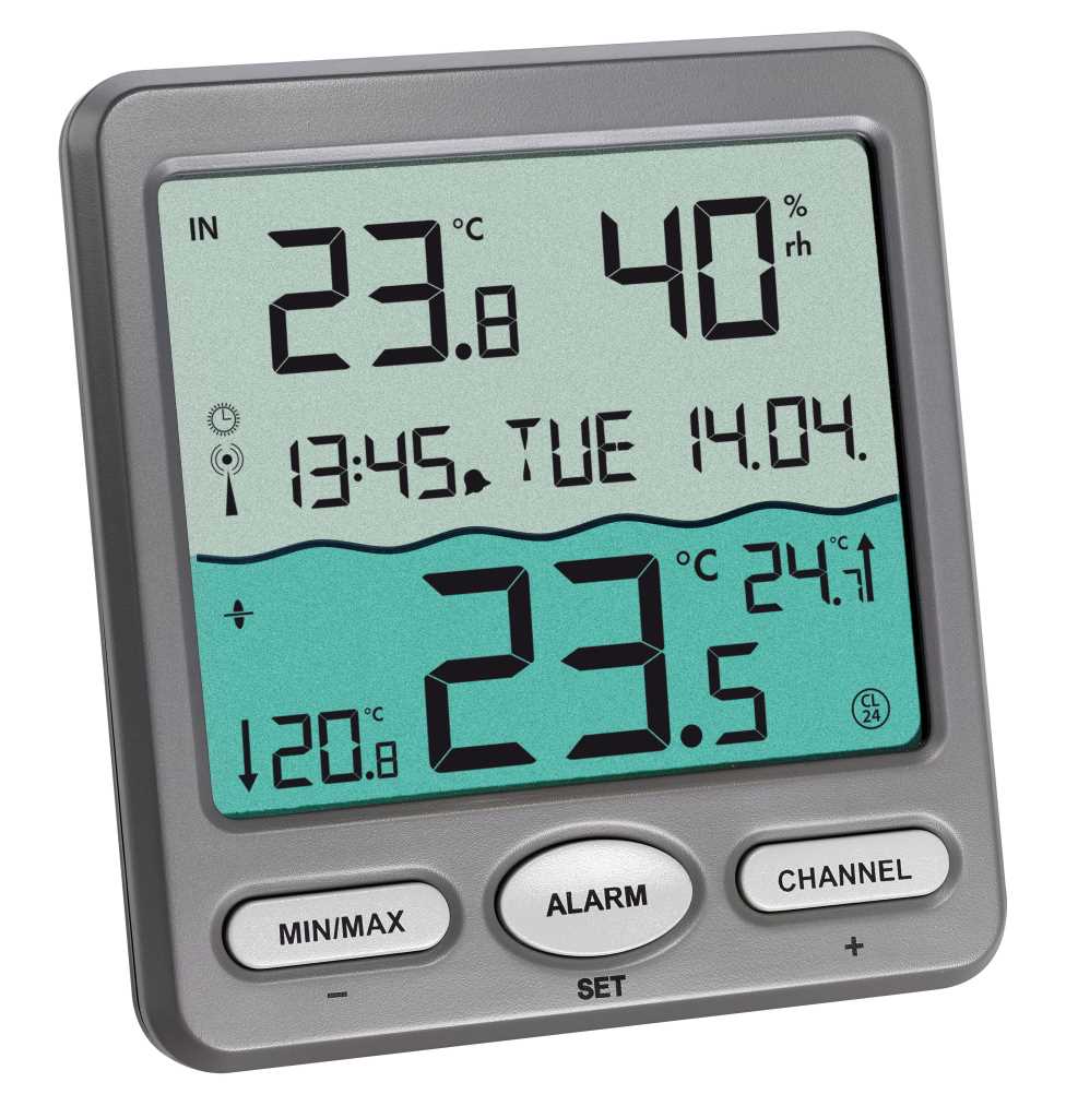 Graues Digital-Thermometer mit Display für Temperatur, Luftfeuchtigkeit, Uhrzeit und Datum sowie drei Tasten darunter