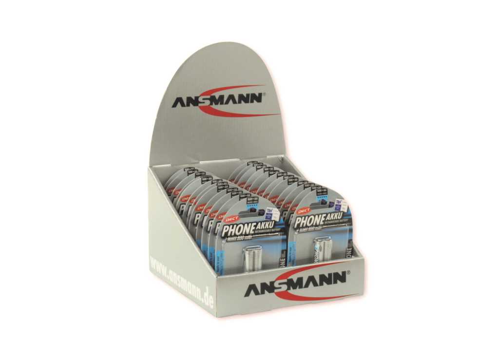 Thekendisplay aus Karton mit mehreren Blisterpackungen für AA-Akkus in Reihen, mit Markenlogo auf Rückwand und Front