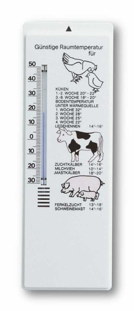 Weißes Thermometer mit Skala, Tierzeichnungen von Huhn, Kuh und Schwein sowie Temperaturangaben in Textform