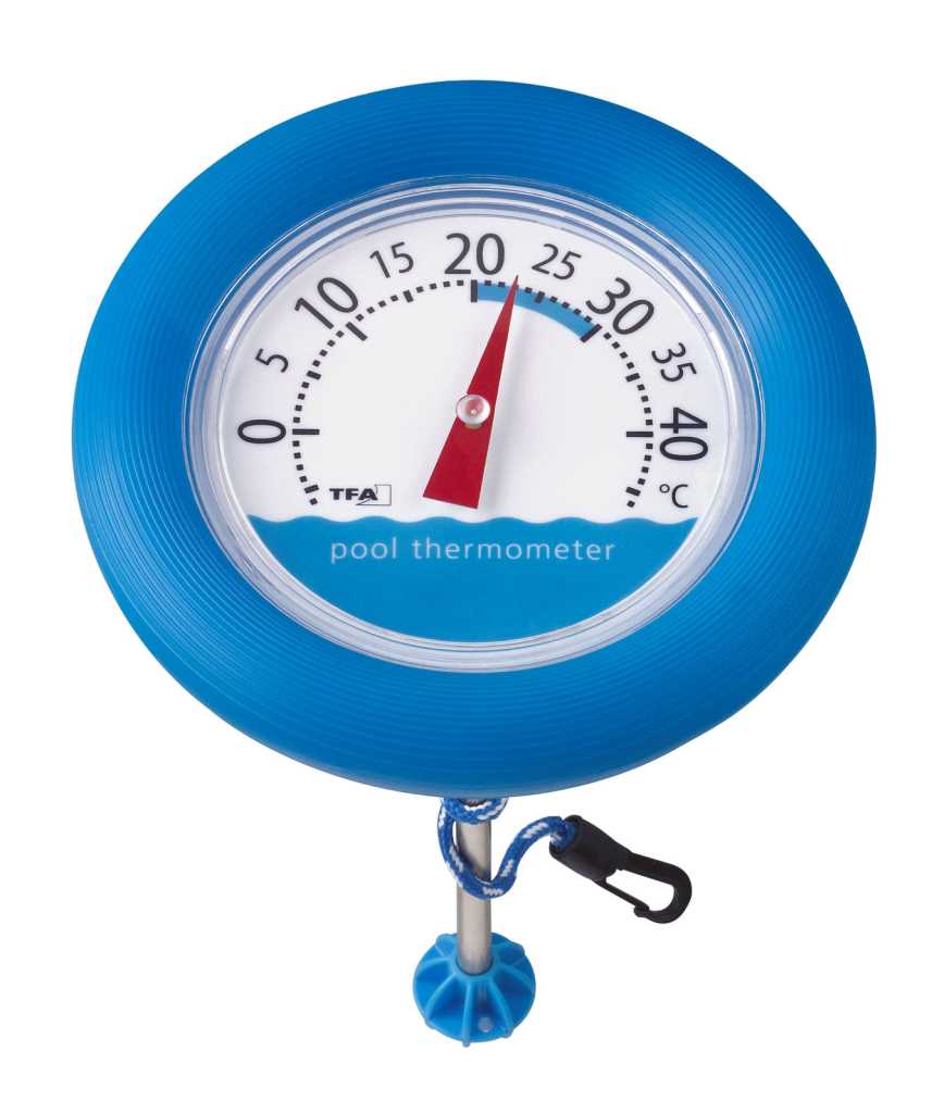Rundes blaues Thermometer mit Zeigeranzeige, Leine und schwarzem Karabiner sowie Stab mit blauem Fuß unter dem Gehäuse
