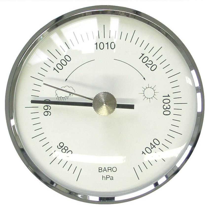 Rundes analoges Barometer mit silbernem Rand, Skala 980–1040 hPa und zwei Zeigern auf weißem Zifferblatt