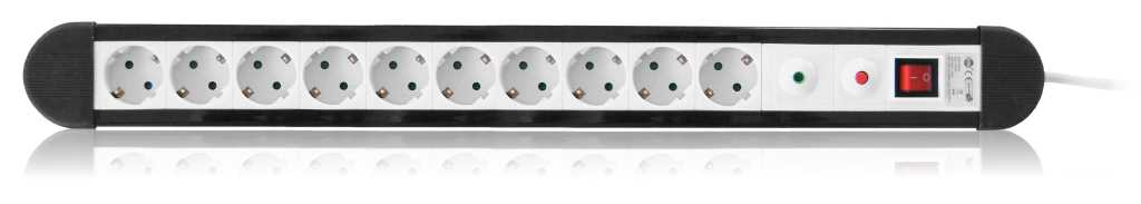 Weiße Steckdosenleiste mit zehn Steckdosen, zwei Kontrollleuchten und rotem Ein-/Aus-Schalter, schwarzer Rahmen