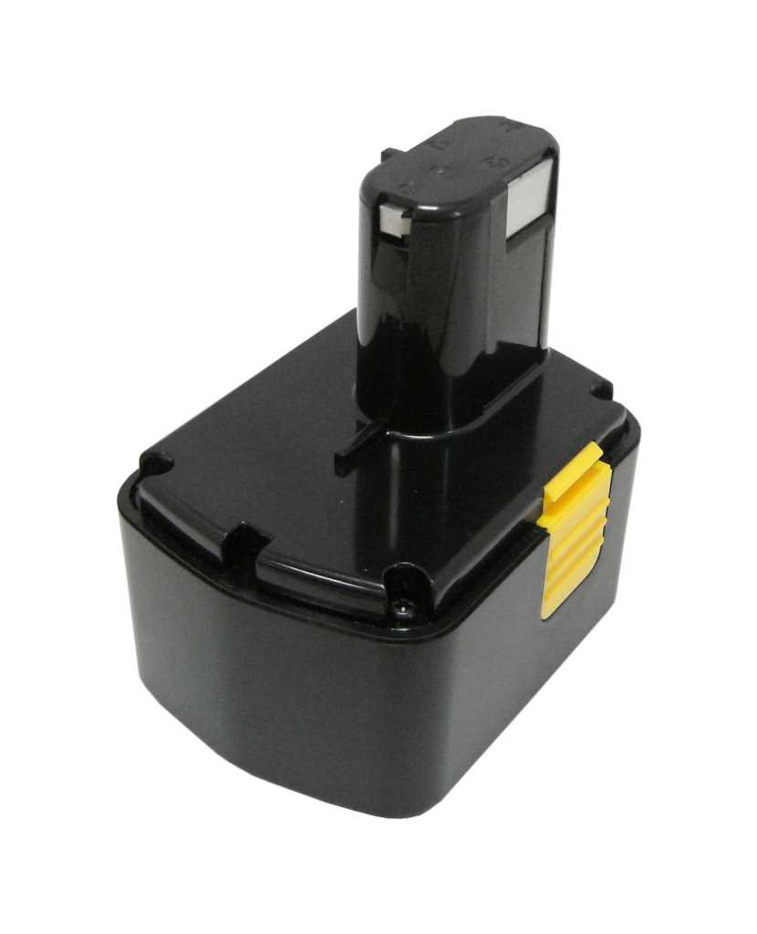 Schwarzer Werkzeugakku mit erhöhtem Steckanschluss und gelber seitlicher Entriegelungstaste vor weißem Hintergrund