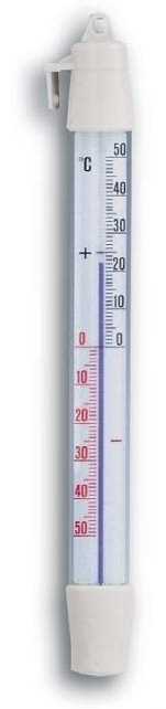 Weißes Thermometer mit Clip und Celsius-Skala von 50 bis -50, blauem Innenrohr und roter Markierung