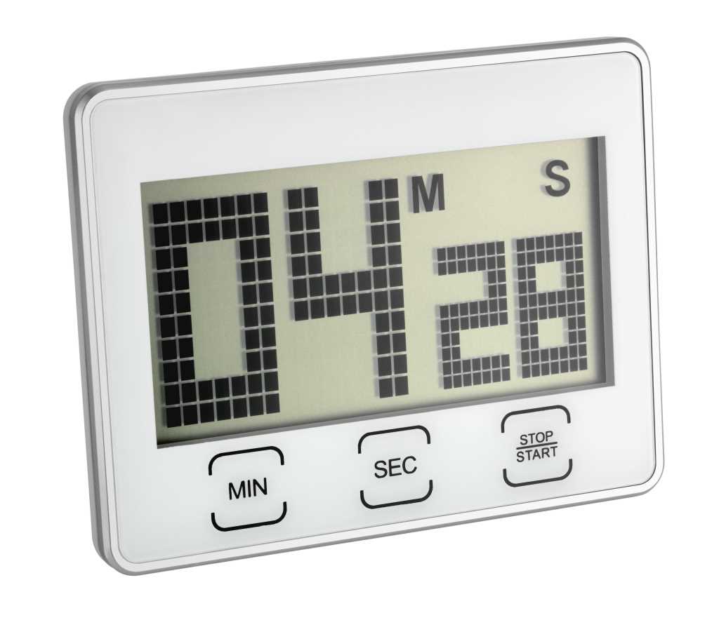 Weißer digitaler Timer mit LCD-Anzeige und drei Tasten unter dem Display, schräg von vorn gezeigt