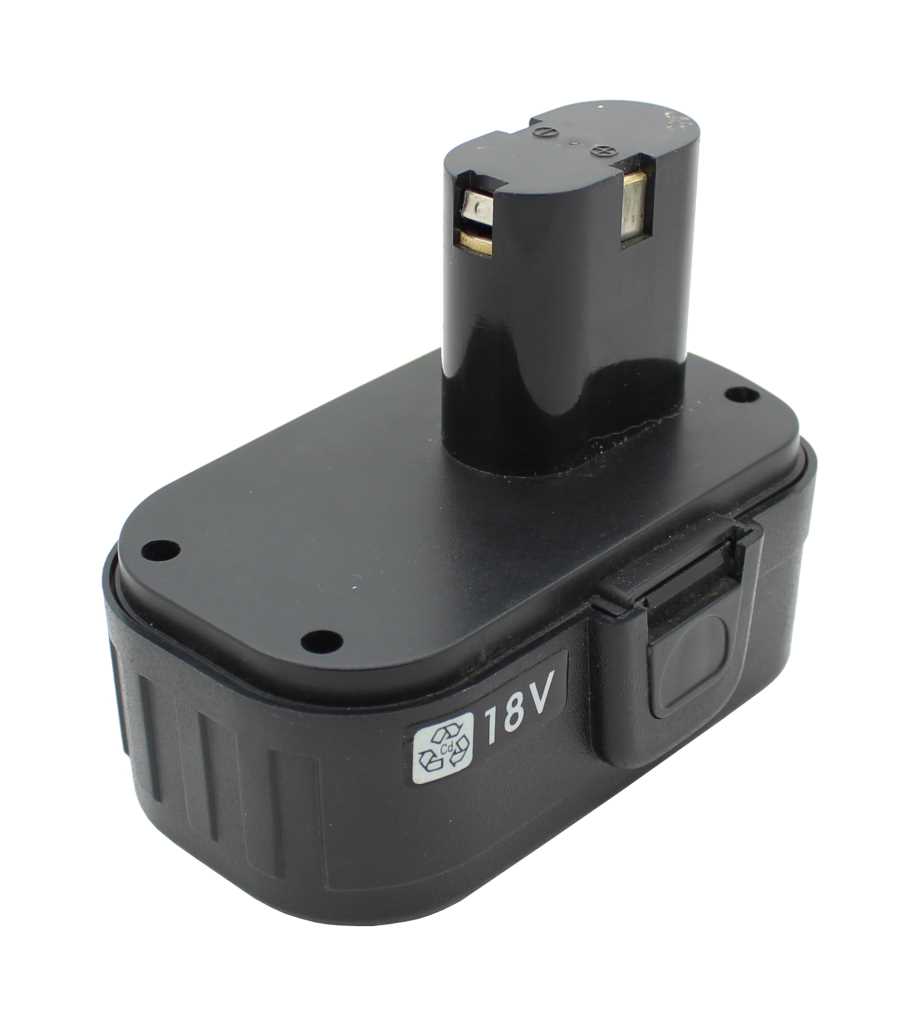 Schwarzer Werkzeugakku mit Sockel und zwei Kontakten, seitlicher Entriegelungstaste und Aufkleber mit Spannungshinweis