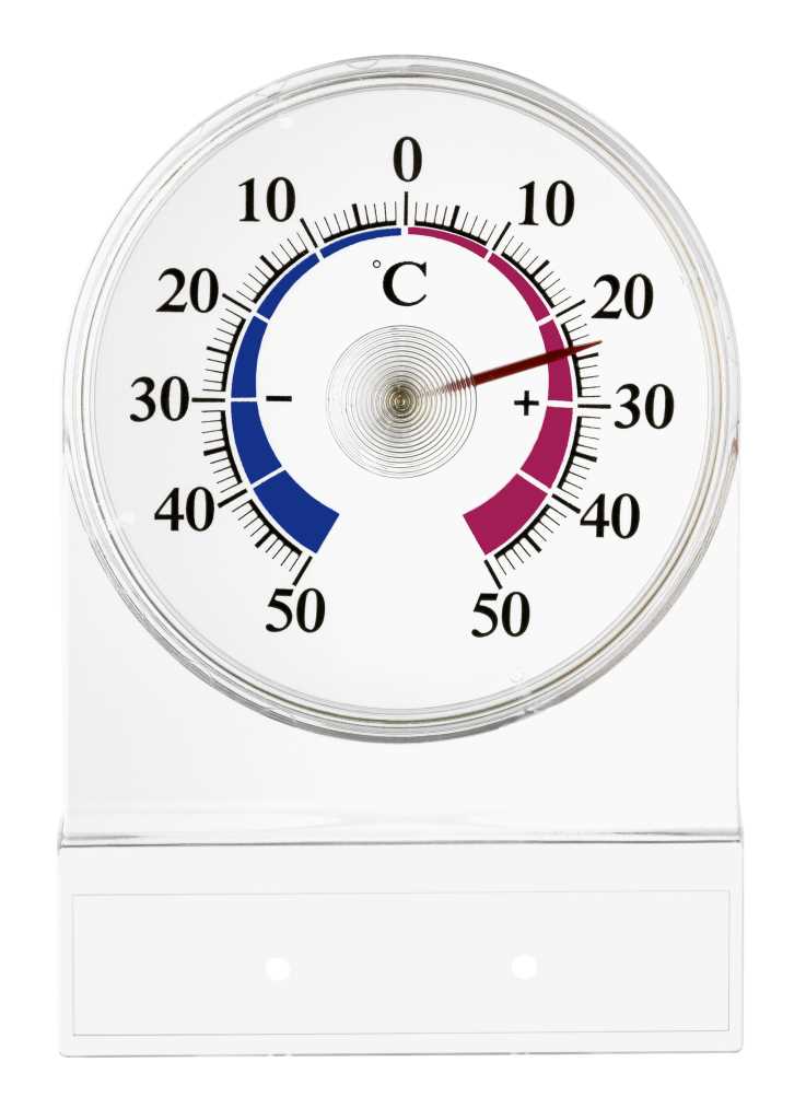 Rundes Fensterthermometer mit Celsius-Skala, blauem und magentafarbenem Bereich und rotem Zeiger auf 22°C