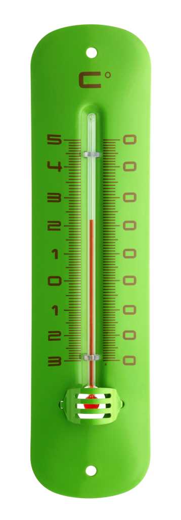 Grünes Wandthermometer mit Skala und roter Flüssigkeitssäule, oben und unten je ein Loch zum Aufhängen