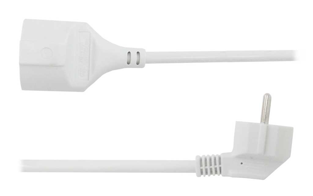 Weißes Verlängerungskabel mit Winkelstecker und Kupplung, seitliche Ansicht auf weißem Hintergrund