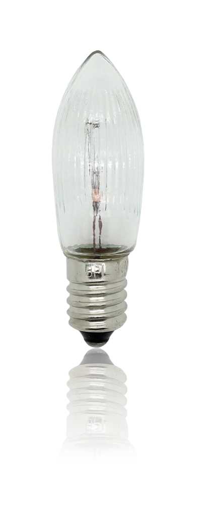 Kerzenförmige Glühbirne aus klarem Glas mit Edison-Schraubsockel und sichtbarem Glühfaden vor weißem Hintergrund