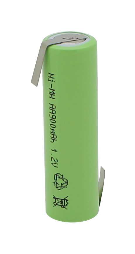 Grüner zylindrischer Akku mit zwei seitlichen Metallfahnen, eine oben abgewinkelt und eine unten abstehend