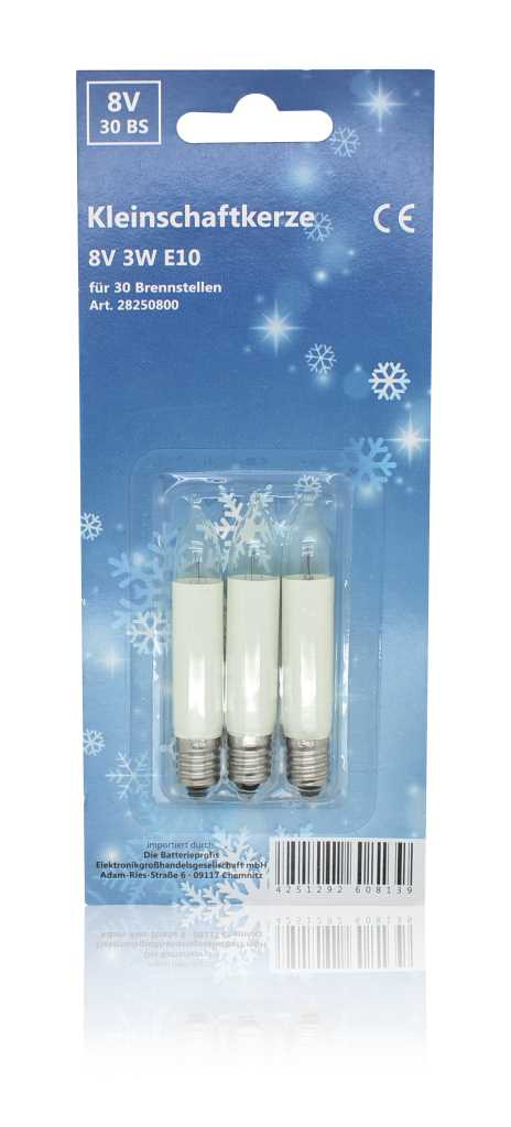 Blisterverpackung mit drei weißen Kerzenlampen mit Schraubsockel auf blauer Karte mit Schneeflockenmotiv