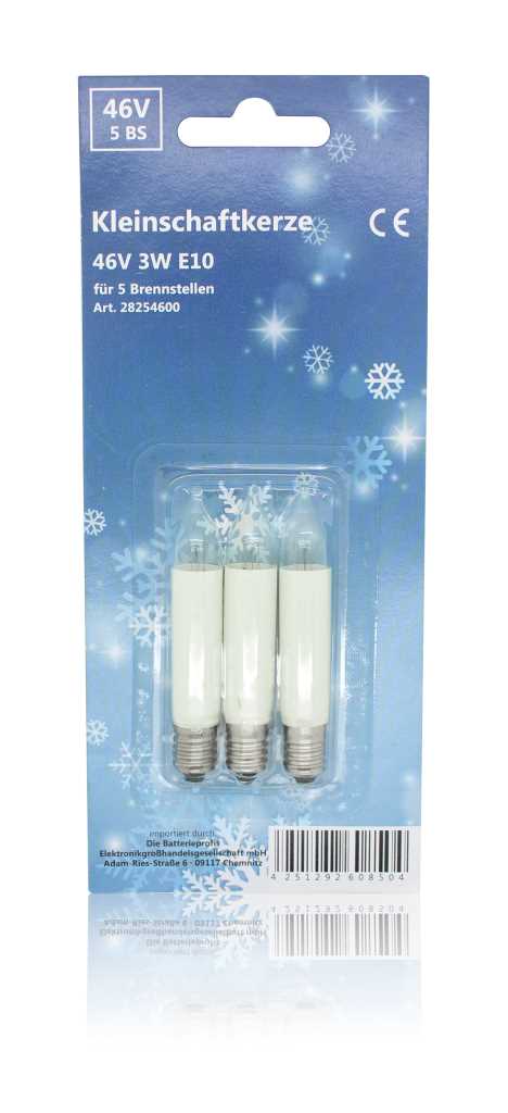 Blisterverpackung mit drei weißen Glühlampen mit Schraubsockel vor blauem Hintergrund mit Schneeflockenmotiven