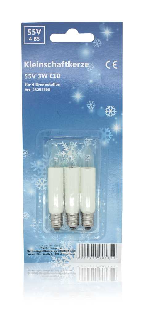 Drei weiße Kerzenlampen mit Schraubsockel in Blisterverpackung auf blauem Karton mit Schneeflockenmotiv