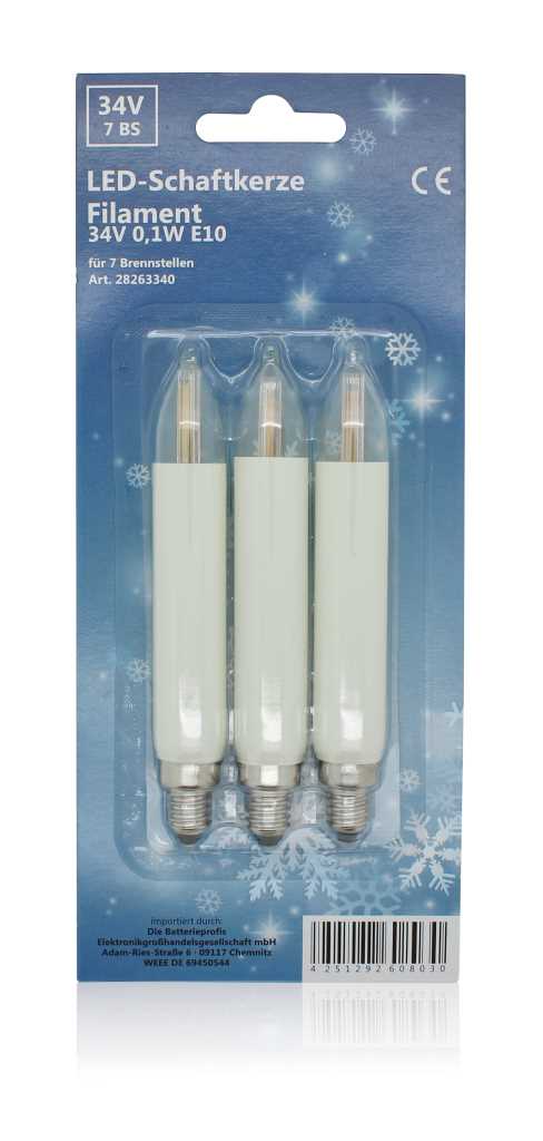 Blisterverpackung mit drei weißen, kerzenförmigen LED-Lampen mit Schraubsockel auf blauem Hintergrund mit Schneeflocken