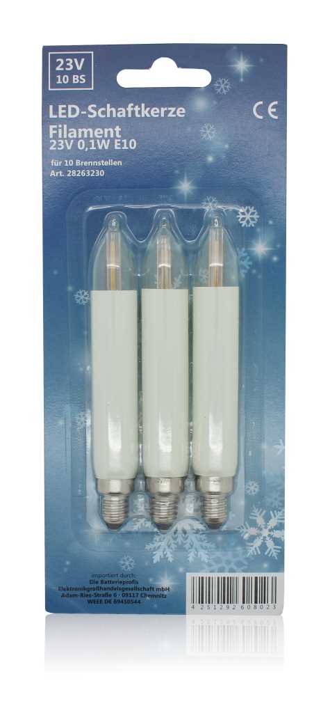 Drei weiße Kerzenlampen mit Schraubsockel in Blisterverpackung vor blauem Hintergrund mit Schneeflockenmotiv