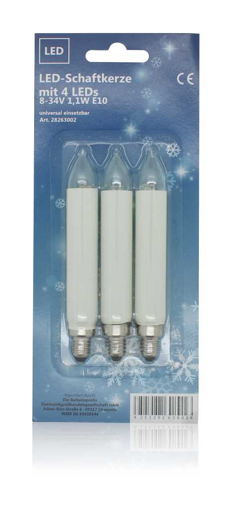 Drei weiße, kerzenförmige Leuchtmittel mit Schraubsockel in Blisterverpackung auf blauem Hintergrund mit Schneeflockenmotiv