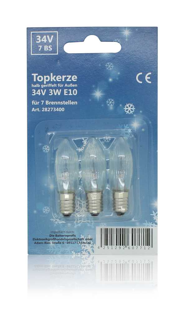 Blisterverpackung mit drei klaren, kerzenförmigen Glühlampen mit Schraubsockel vor blauem Hintergrund mit Schneeflockenmotiv
