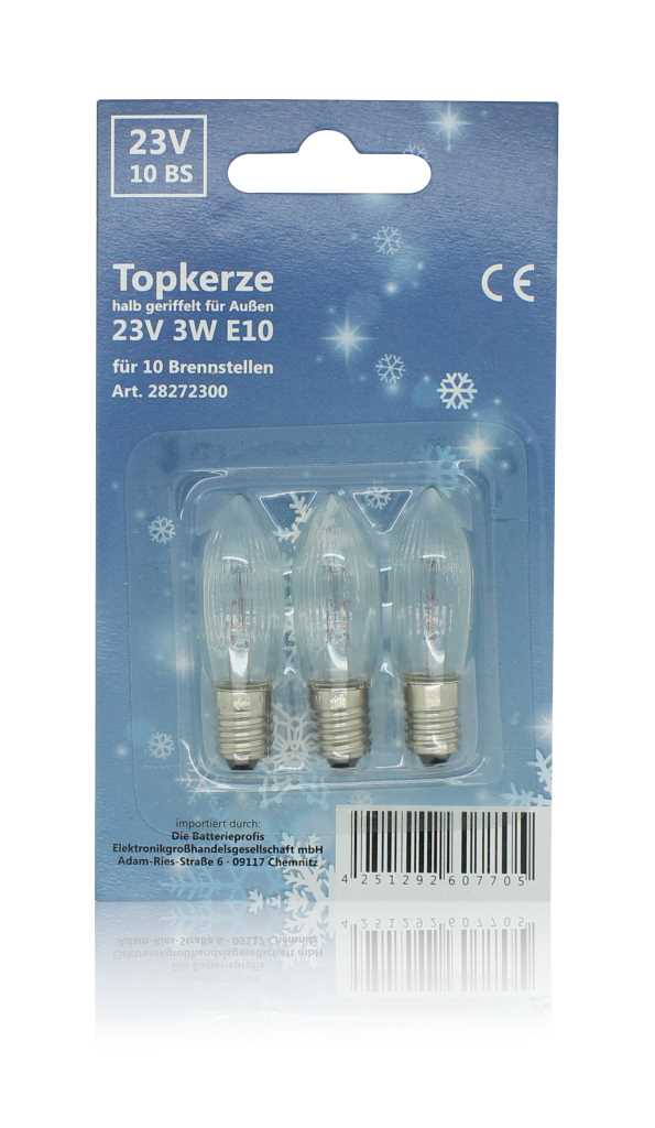 Blisterverpackung mit drei klaren, kerzenförmigen Glühlampen und Schraubsockel vor blauem Hintergrund mit Schneeflockenmotiv