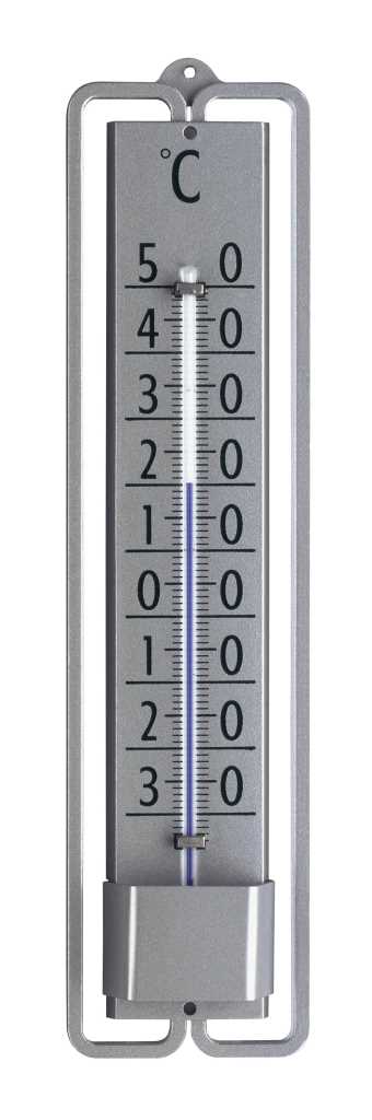 Silbernes Metallthermometer zum Aufhängen mit Skala in Grad Celsius und blauem Flüssigkeitsfaden