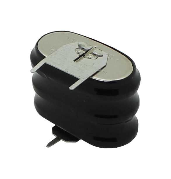 Schwarzer dreizelliger Akkupack mit Metallkappe und zwei Anschlussfahnen, seitliche Ansicht