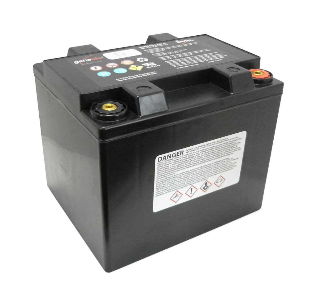 Schwarzer Akku mit Tragegriff und zwei Schraubanschlüssen oben, Warnhinweis-Aufkleber auf der Vorderseite