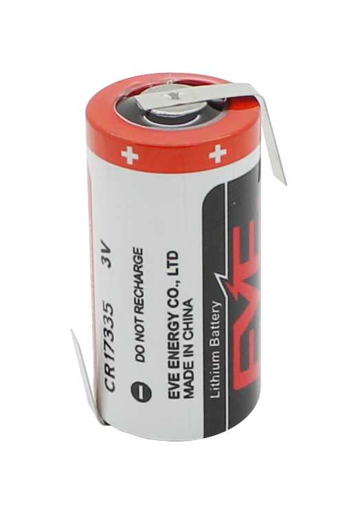 Zylindrische Batterie in Rot-Weiß-Schwarz mit Pluspolmarkierung und zwei Metall-Lötfahnen, eine oben, eine seitlich