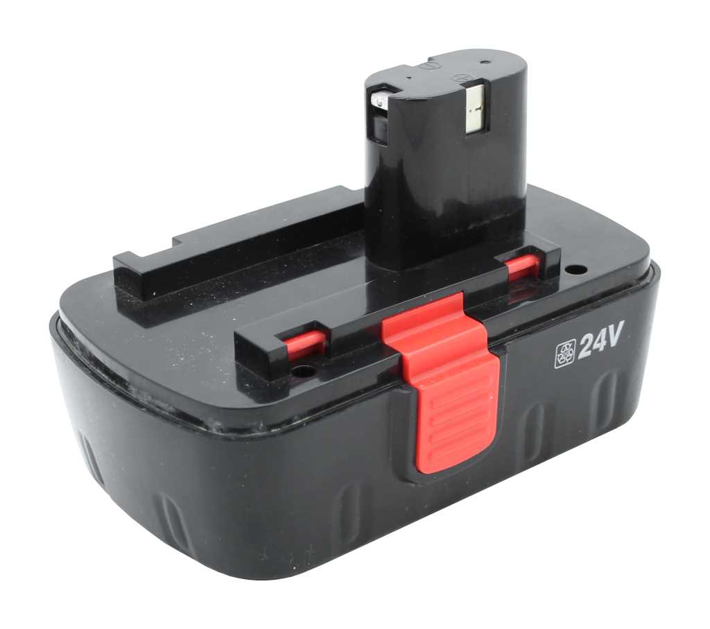 Schwarzer Werkzeugakku mit rotem Entriegelungsknopf und Kontaktstift, seitlich mit 24V gekennzeichnet