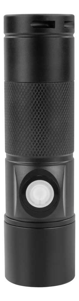 Schwarze zylindrische Taschenlampe mit geriffeltem Griff und seitlichem runden Schalter, frontal freigestellt
