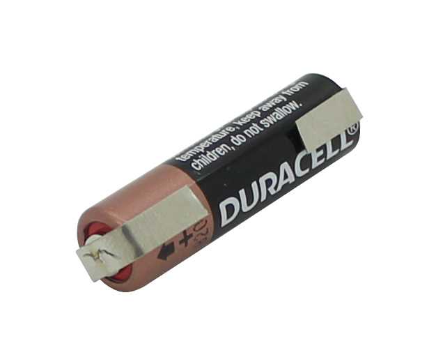 Zylindrische Batterie in Schwarz und Kupfer mit zwei Metallfahnen an den Enden, seitlich liegend auf weißem Hintergrund