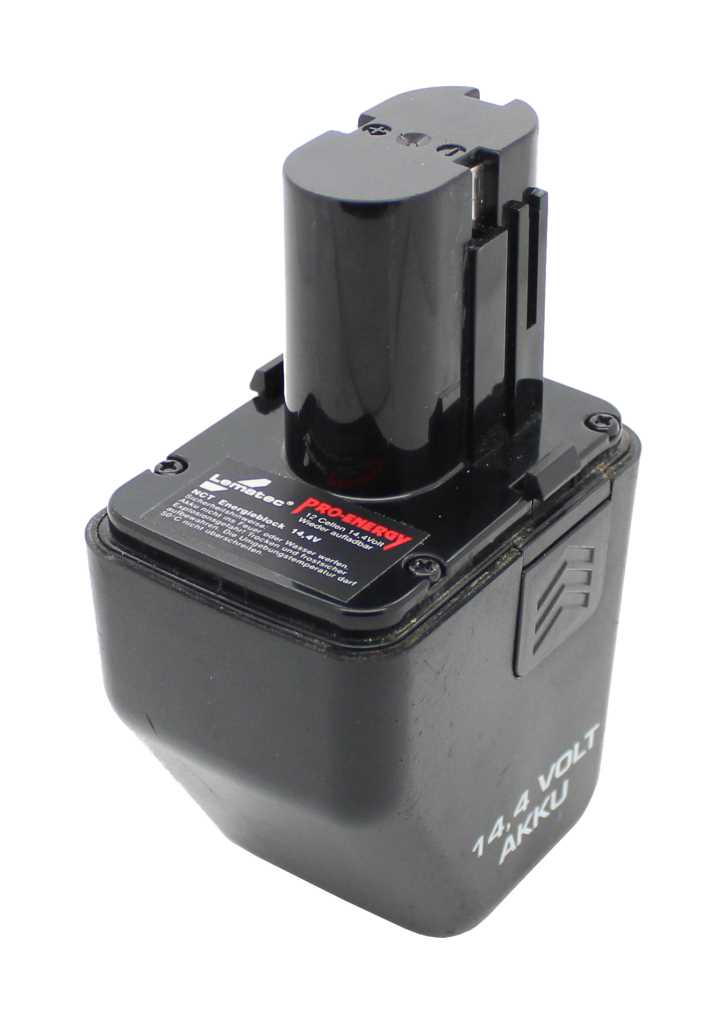 Schwarzer Werkzeugakku mit Aufsatz und seitlichen Rastnasen, Beschriftung 14,4 Volt auf der Gehäuseseite