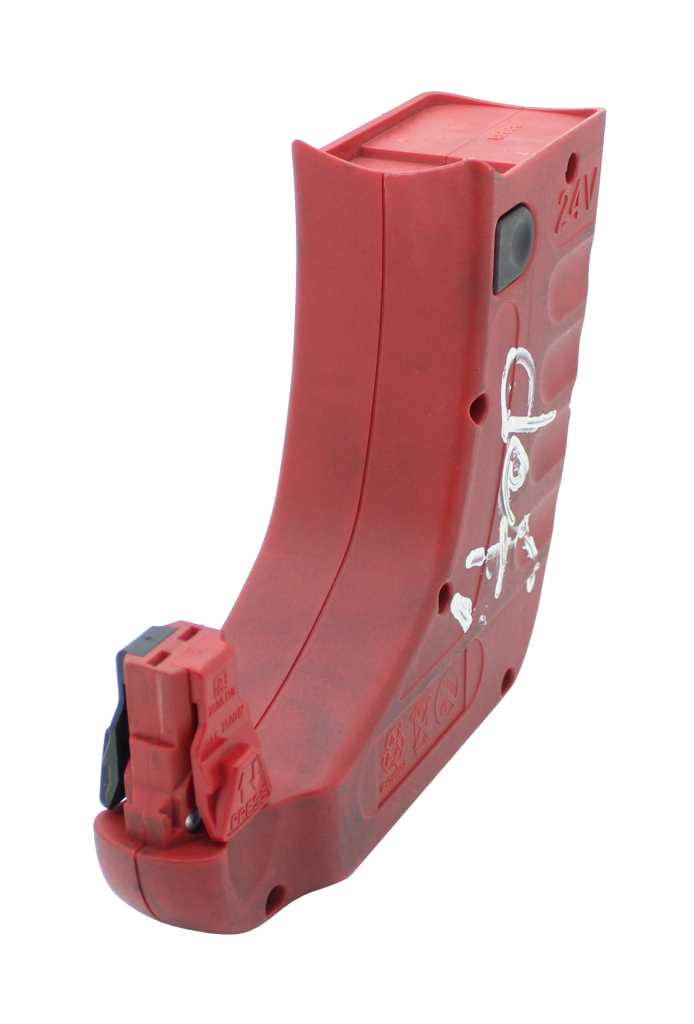 Roter Akku in gebogener Form mit Anschlussstecker und seitlichem Knopf, Aufdruck 24V sichtbar