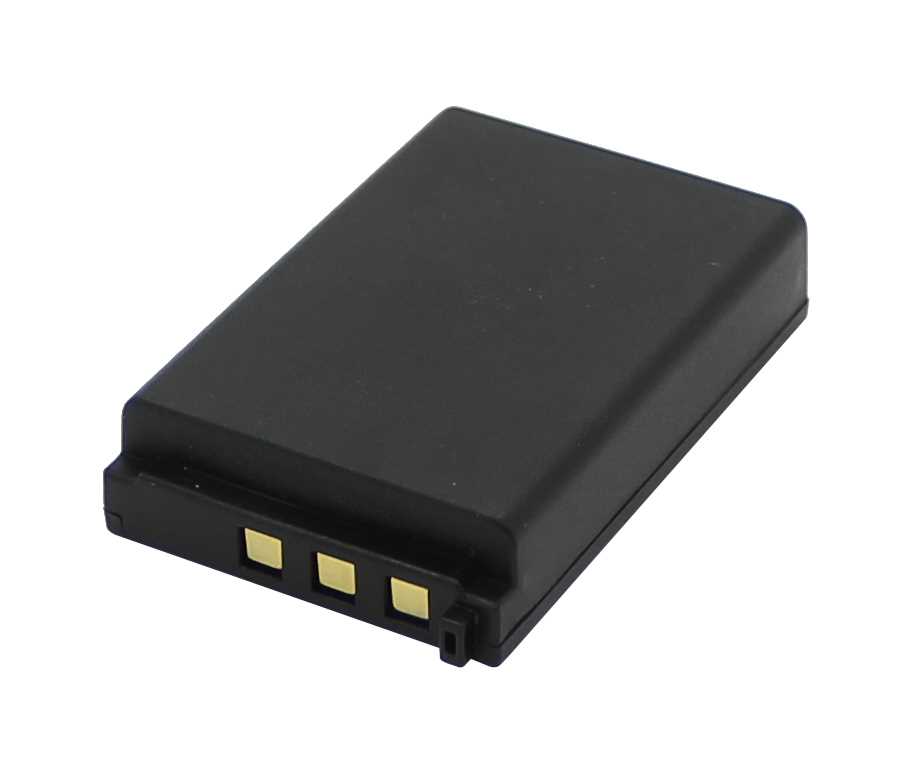 Schwarzer rechteckiger Akku mit drei goldfarbenen Kontaktflächen an einer Stirnseite auf weißem Hintergrund