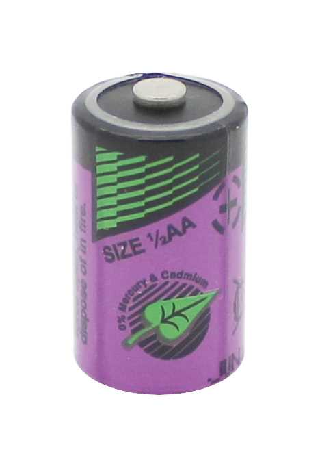 Zylindrische Batterie in Lila und Schwarz mit Pluspol oben und Aufdruck SIZE 1/2AA sowie Blatt-Symbol