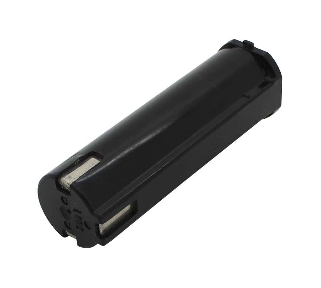 Schwarzer zylindrischer Akkupack mit zwei Metallkontakten an einem Ende vor weißem Hintergrund