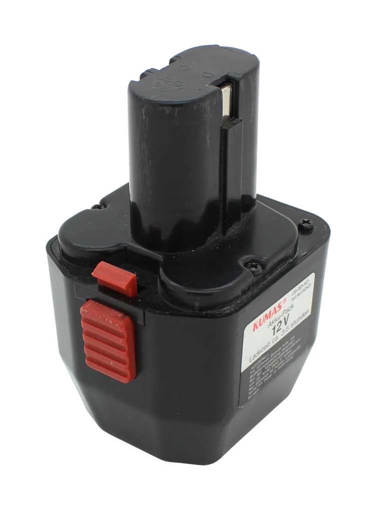 Schwarzer Akkupack mit rotem Entriegelungsknopf und hohem Steckaufsatz, seitliches Etikett sichtbar