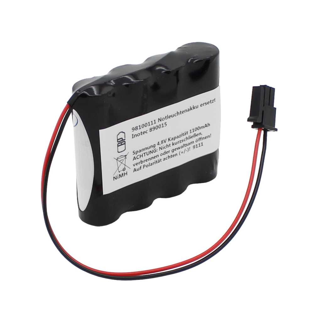 Schwarzer Akkupack mit Etikett, rotem und schwarzem Kabel sowie schwarzem Steckverbinder auf weißem Hintergrund