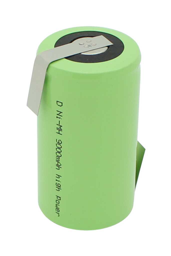 Grüner zylindrischer Akku mit zwei Metall-Lötfahnen, eine oben abgewinkelt und eine seitlich sichtbar