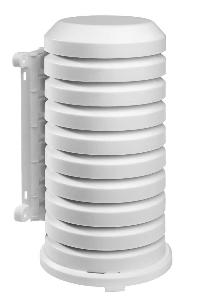 Weißes zylindrisches Kunststoffgehäuse mit gestapelten Lamellen und seitlicher Halterung auf weißem Hintergrund