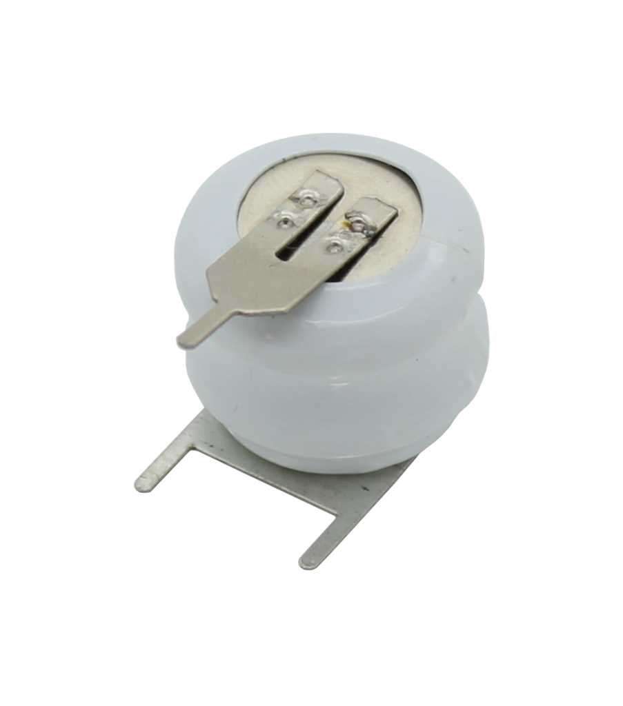 Runde Knopfzelle mit weißer Ummantelung und zwei flachen Metalllaschen als Printanschluss