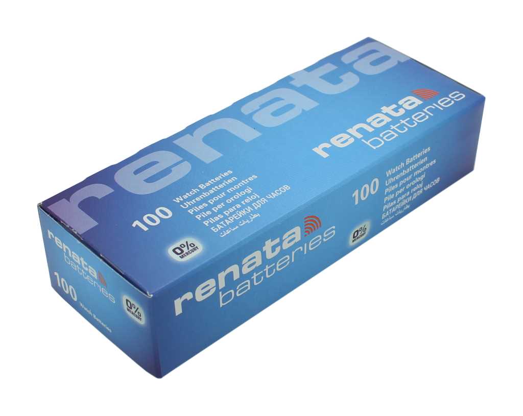 Blaue rechteckige Schachtel mit Aufdruck renata batteries und Zahl 100 auf weißem Hintergrund