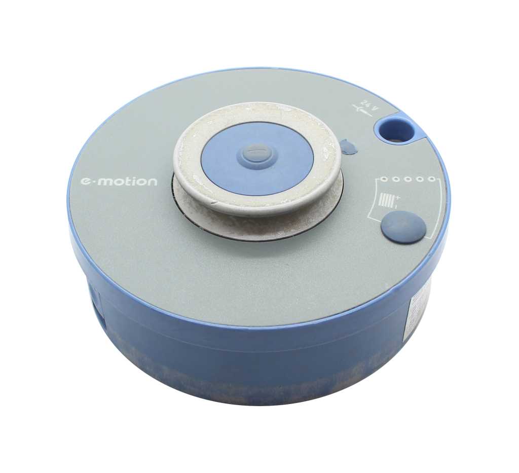 Rundes blau-graues Batteriemodul mit zentralem Drehknopf, kleiner Taste und runder Öffnung auf der Oberseite