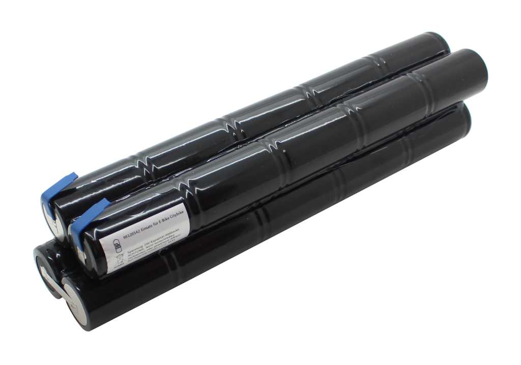 Schwarzer Akkupack aus zylindrischen Zellen mit blauem Kunststoffteil und seitlichem Etikett auf weißem Hintergrund