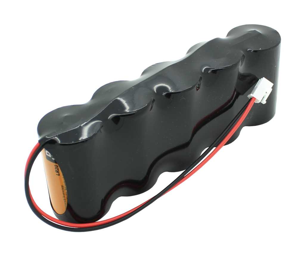 Schwarzes Akkupack mit roten und schwarzen Kabeln und weißem Stecker, seitlich teils sichtbare Zelle