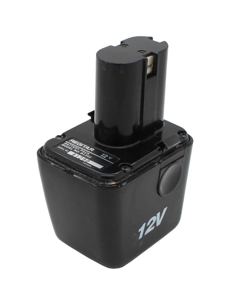 Schwarzer Werkzeugakku mit rechteckigem Gehäuse, aufgesetztem Steckfuß und seitlichem Entriegelungsknopf, 12V-Aufdruck